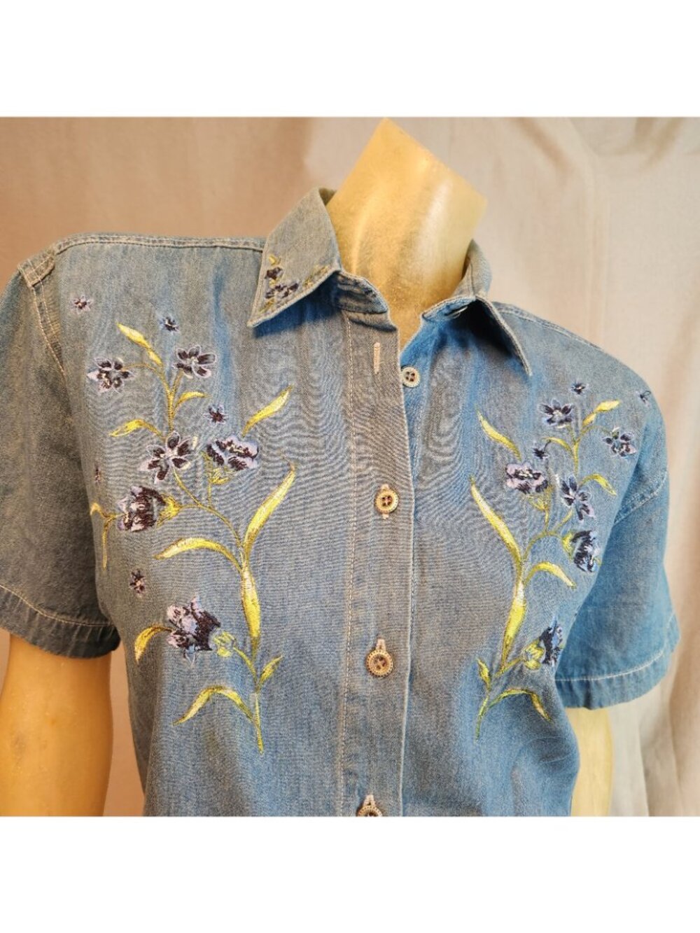 Capacity Petites Denim Blue Floral Button 90s Blouse Shirt Top Womens MEDIUM - Picture 2 of 6